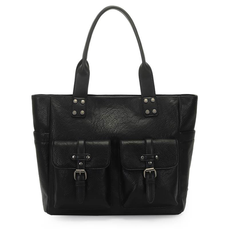Bolsa WJ preta em material sintético texturizado, vista frontal com bolsos e ferragens prateadas